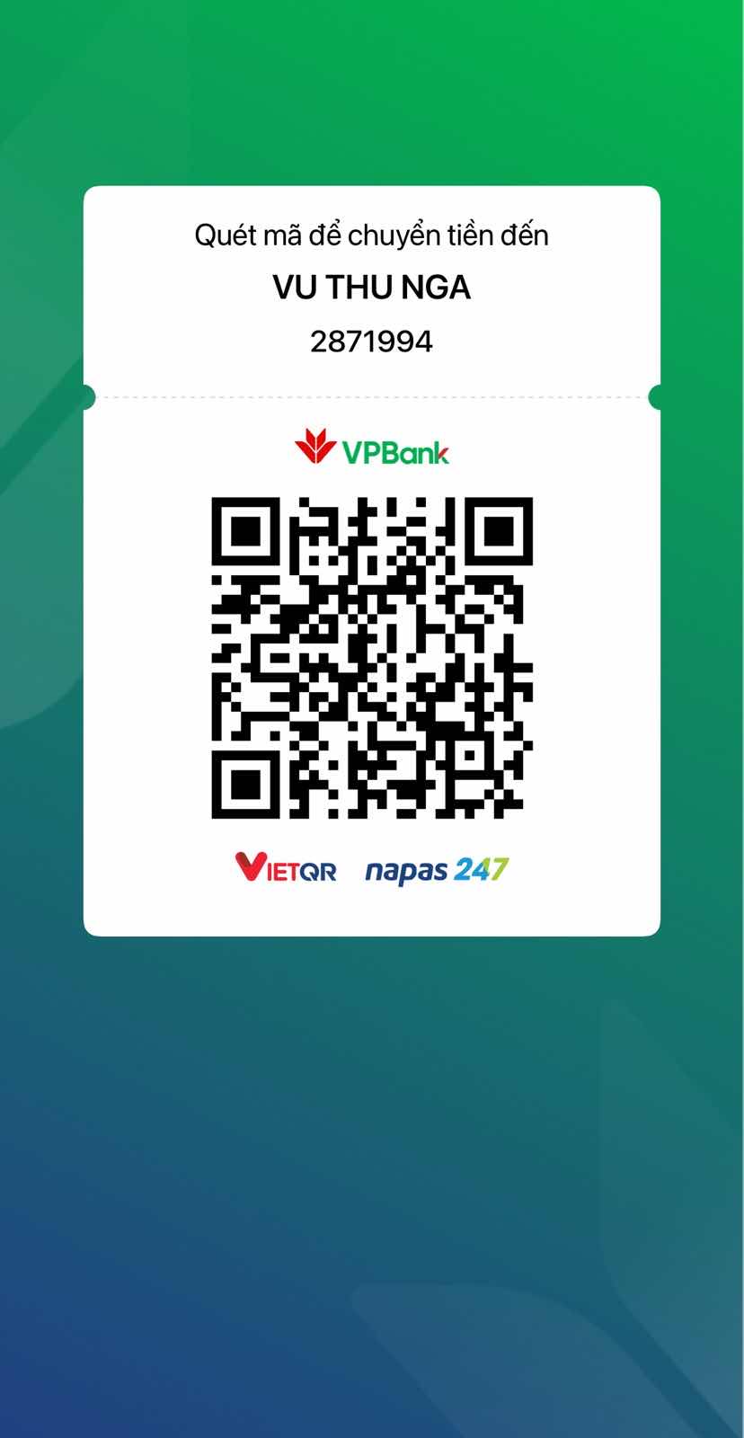 VPBank VietQR code to transfer to Vu Thu Nga