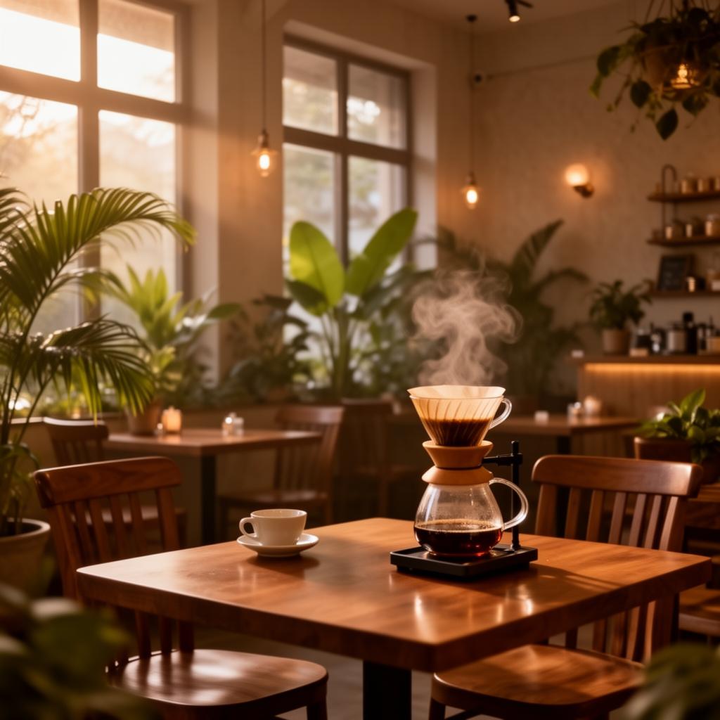 A warm Vietnamese coffee shop interior with soft light and a pour-over