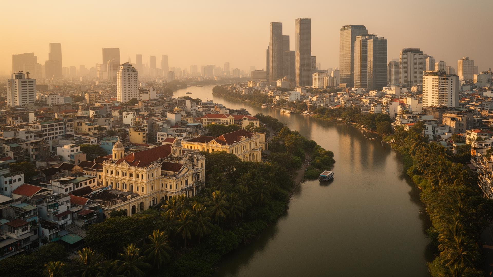 Saigon skyline at golden hour with the Saigon River and colonial architecture